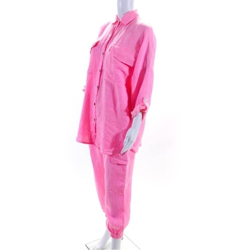 Alexandre Laurent Womens Linen Button Up Blouse Pants Set Neon Pink Size L - Picture 3 of 8